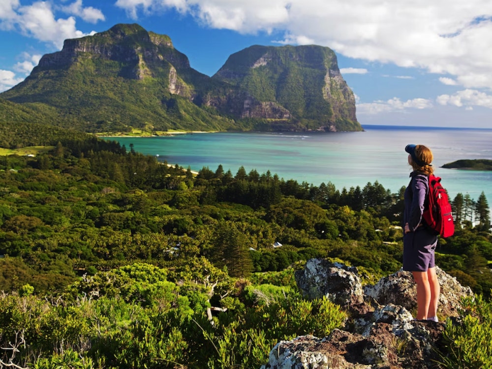 Wanderin steht auf Felsen und schaut auf die Küsten-Felsen von Lord Howe Island
