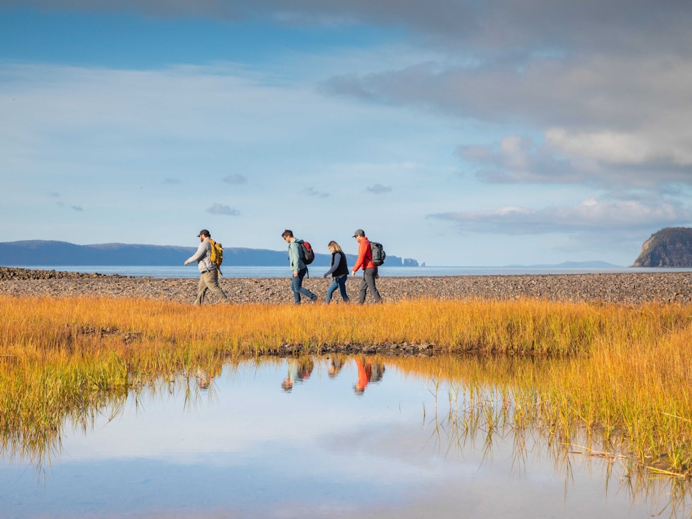 Vier Personen wandern in der Bay of Fundy in Kanada