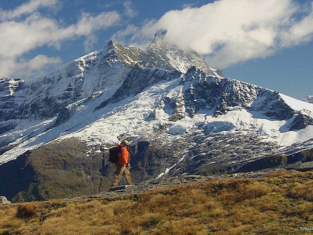 Ein Wanderer vor dem Panorama des Mount Aspiring