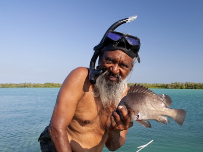 Aboriginal Guide mit Schnorchel hält in einer Hand einen Speer, in der anderen einen gefangenen Fisch