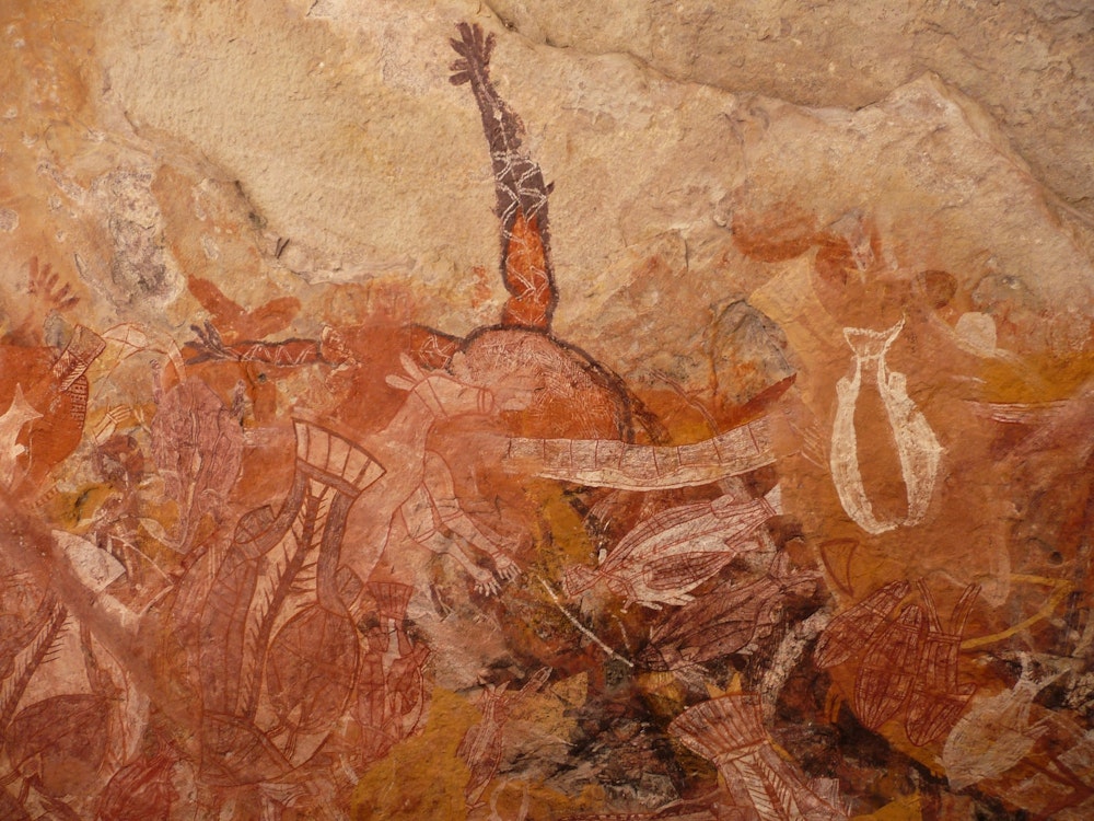 Uralte Aboriginal Felsmalerei zeigt Jagdszene