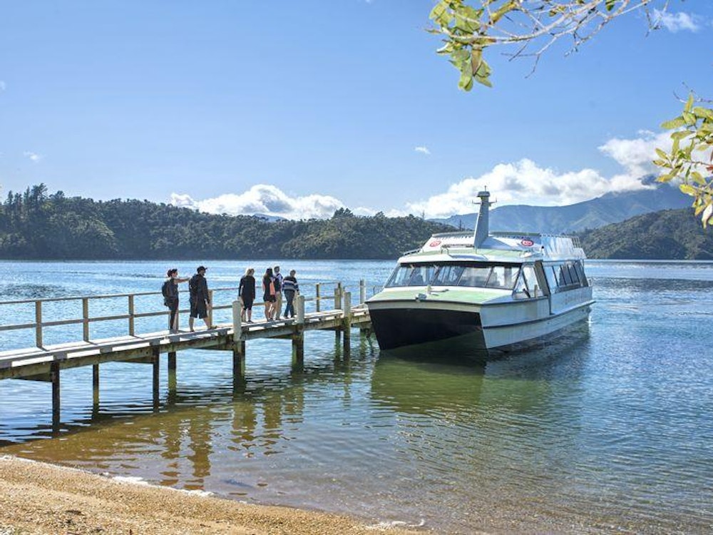 A white boat docked at a pier with a queue of people waiting to embark