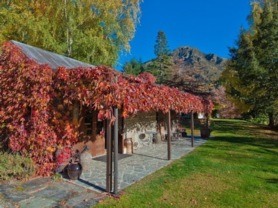 Rote Weinreben hängen an einem Cottage in Arrowtown Neuseeland