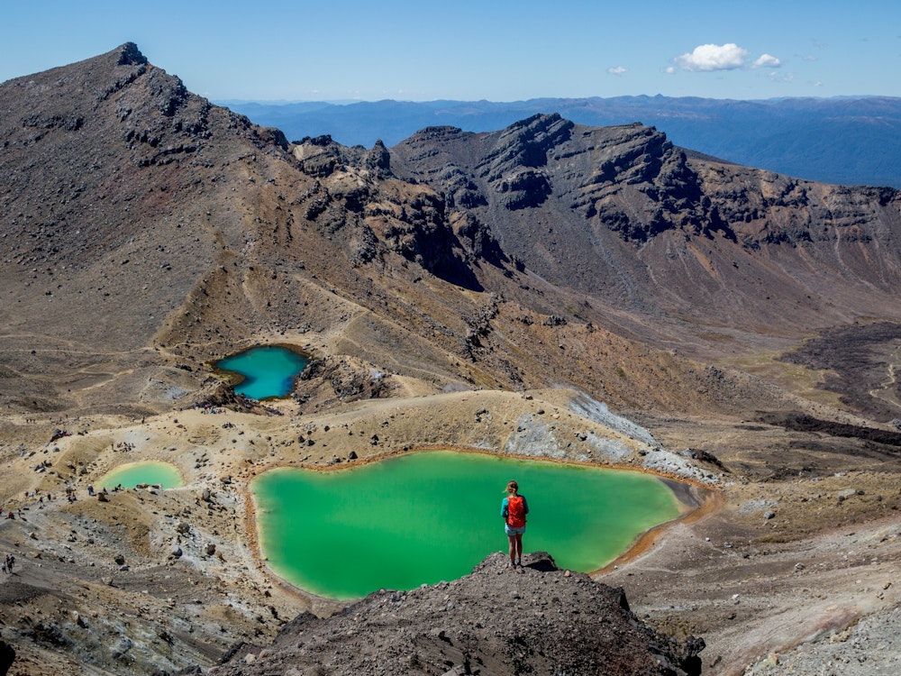 Persoon kijkt uit over een groen meer op Mount Tongariro in Nieuw-Zeeland