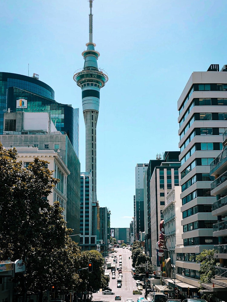 De Sky Tower van Auckland tussen de andere gebouwen