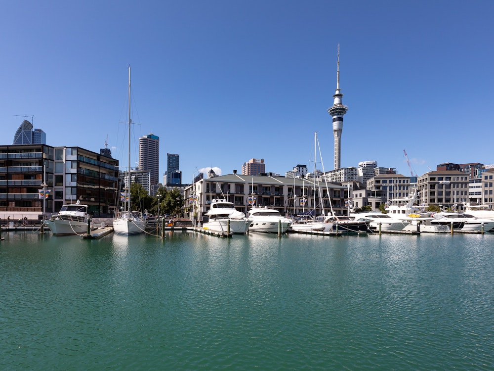 De haven van Auckland in Nieuw Zeeland met de Sky Tower