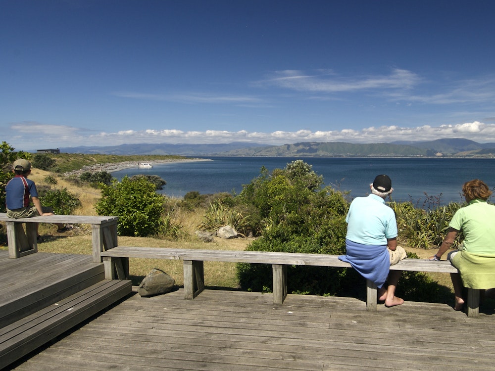 Mensen zitten op een bankje kijkend naar het meer op Kapiti Island