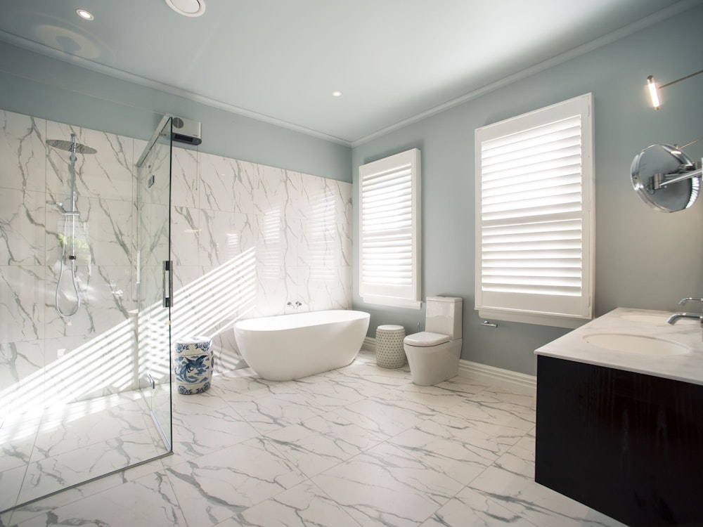 A large marble bathroom