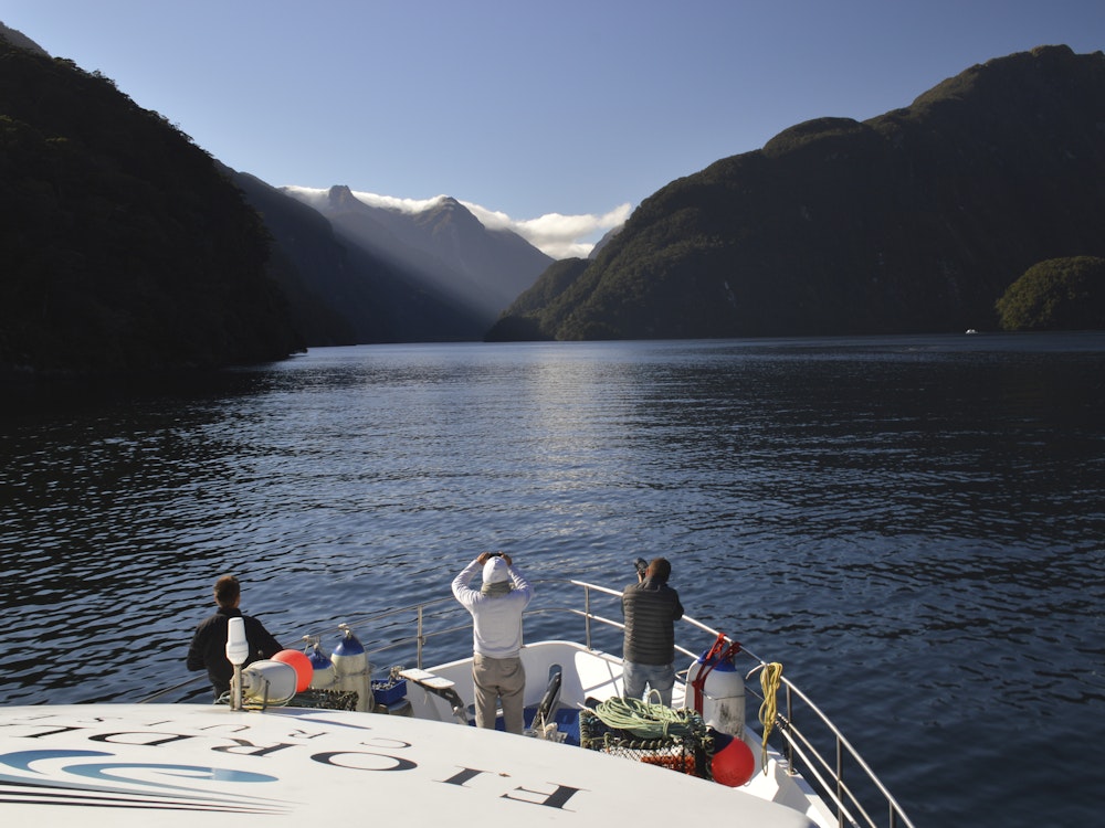 Front tip of the boat cruising through the fiord