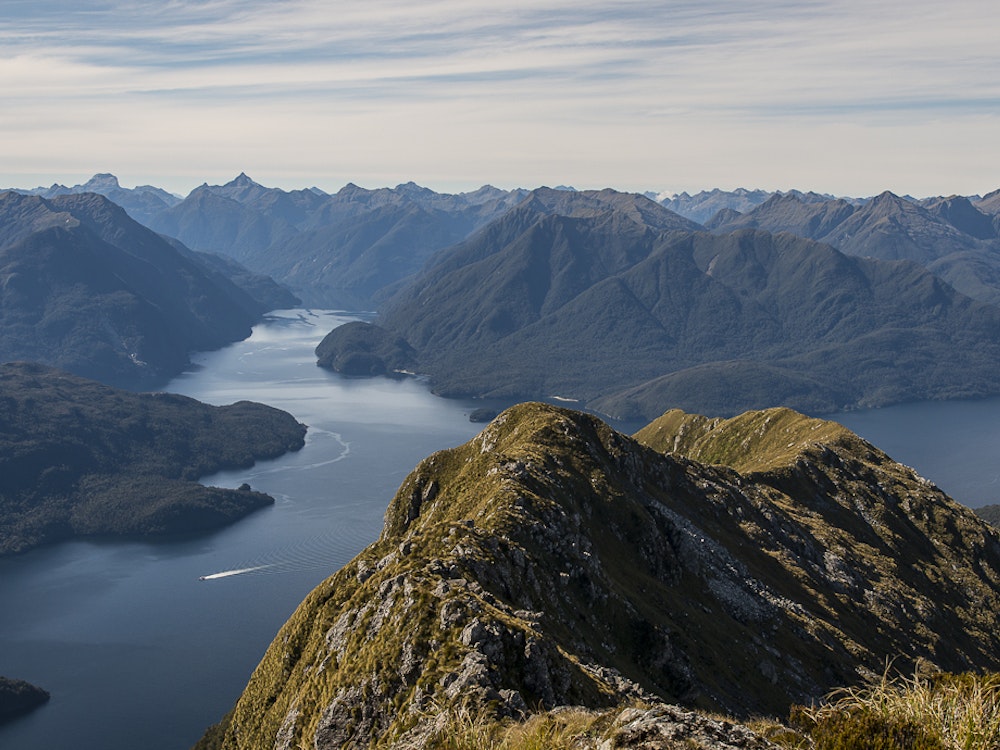 Aerial view of fiords and mountains