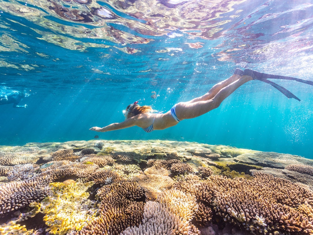 Eine Frau beim Schnorcheln über einem Korallenriff